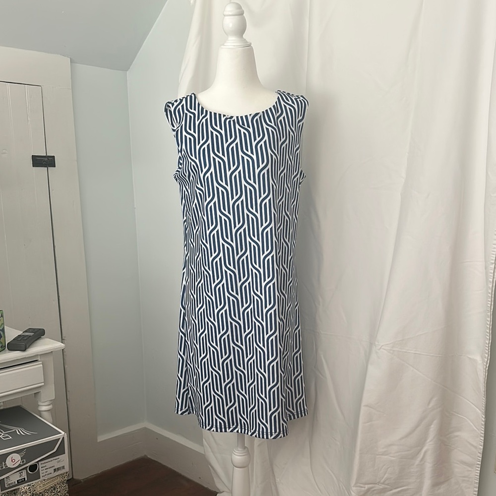 Blue and White Sleeveless Sheath Mini Dress